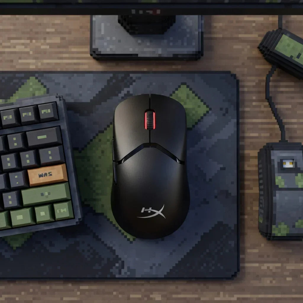 Black gaming mouse with red LED on pixelated desk mat, RGB keyboard and retro accessories