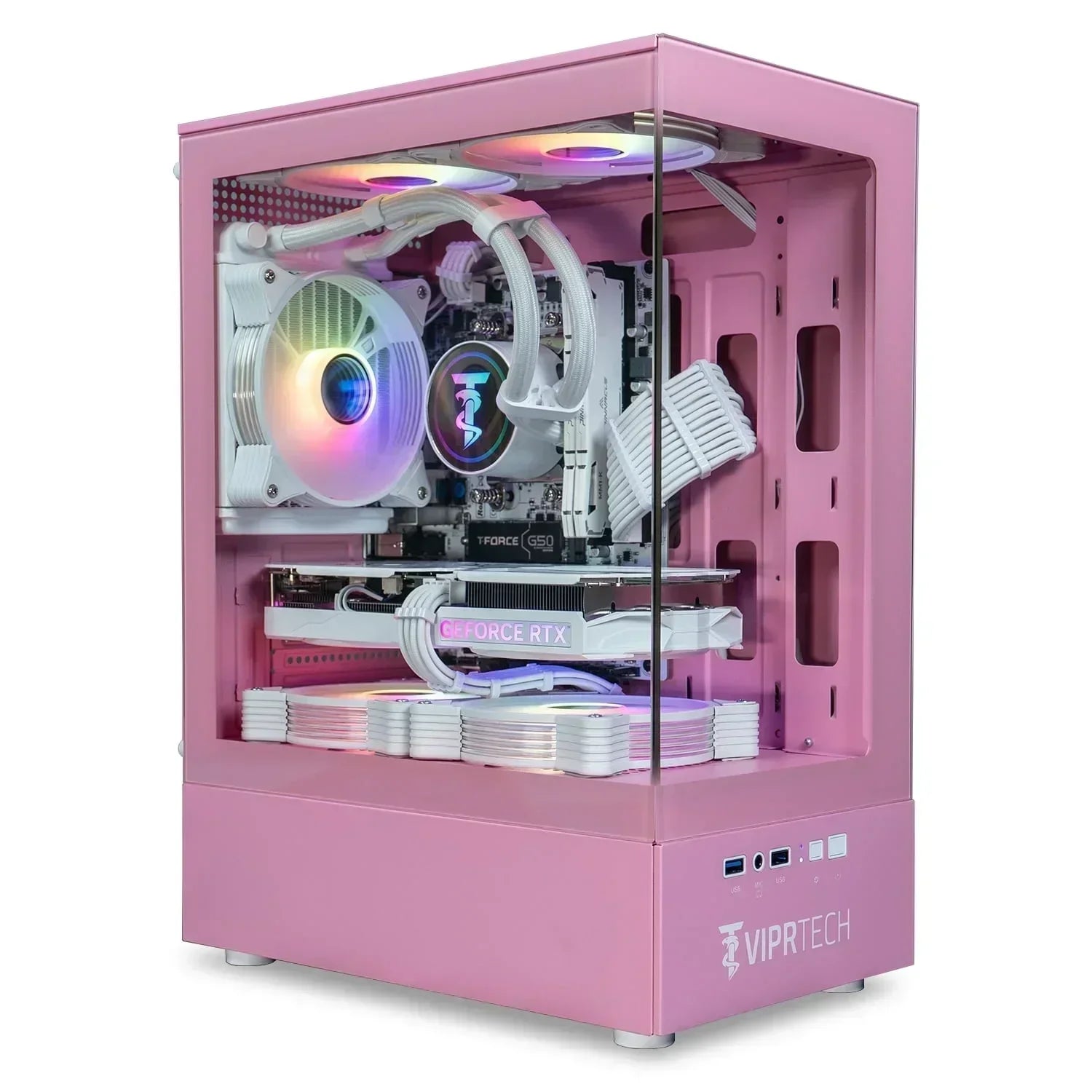 Pink gaming PC with RGB lighting, clear side panel, and GeForce RTX graphics card