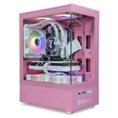Pink gaming PC with RGB lighting, clear side panel, and GeForce RTX graphics card
