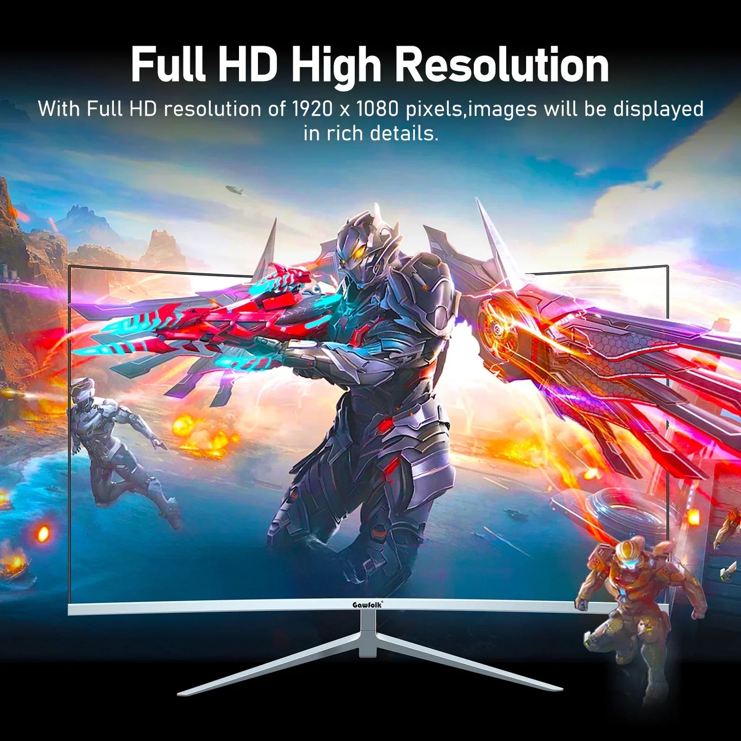 Curved gaming monitor displaying high-resolution futuristic armored warrior with glowing weapons in action scene