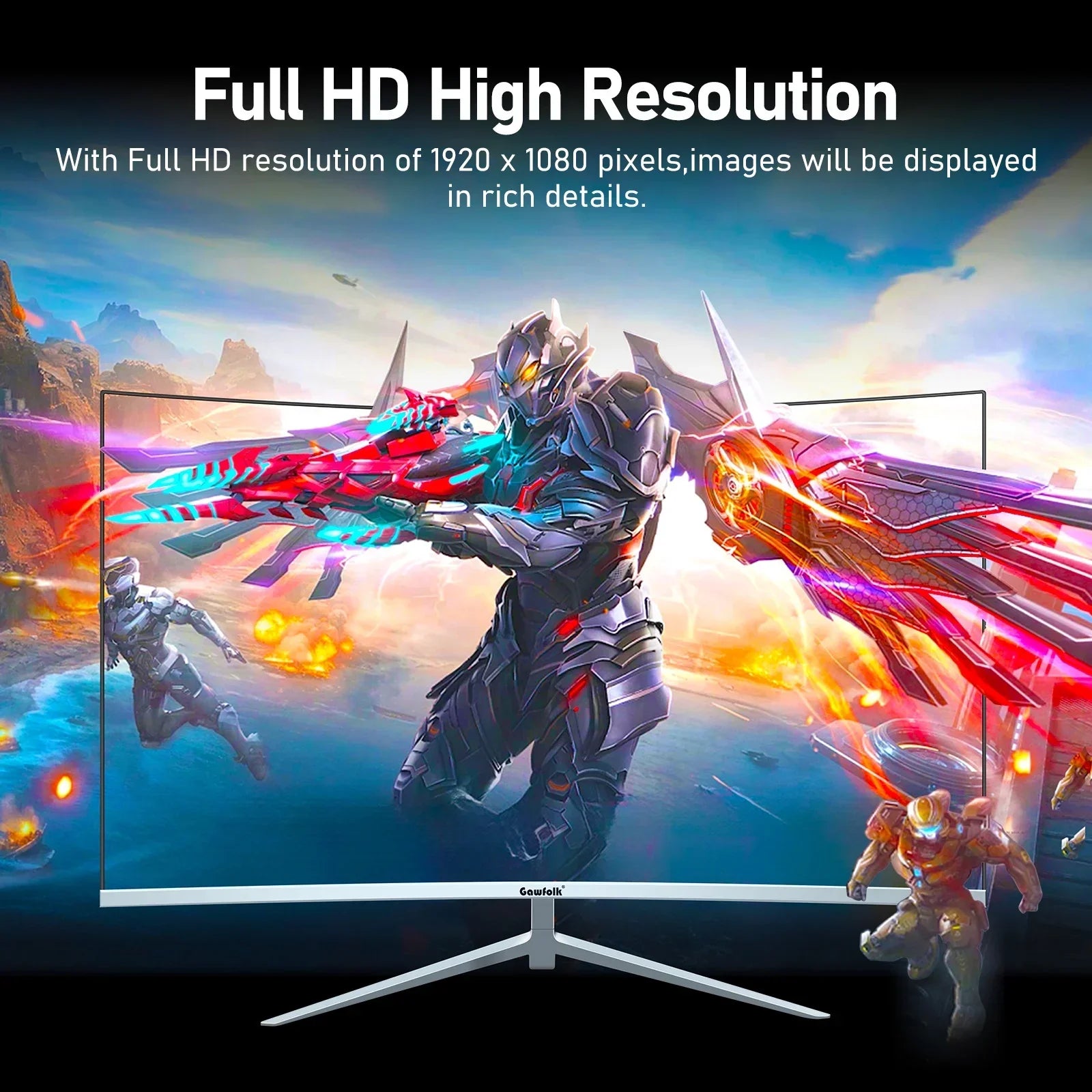 Curved gaming monitor displaying high-resolution futuristic armored warrior with glowing weapons in action scene