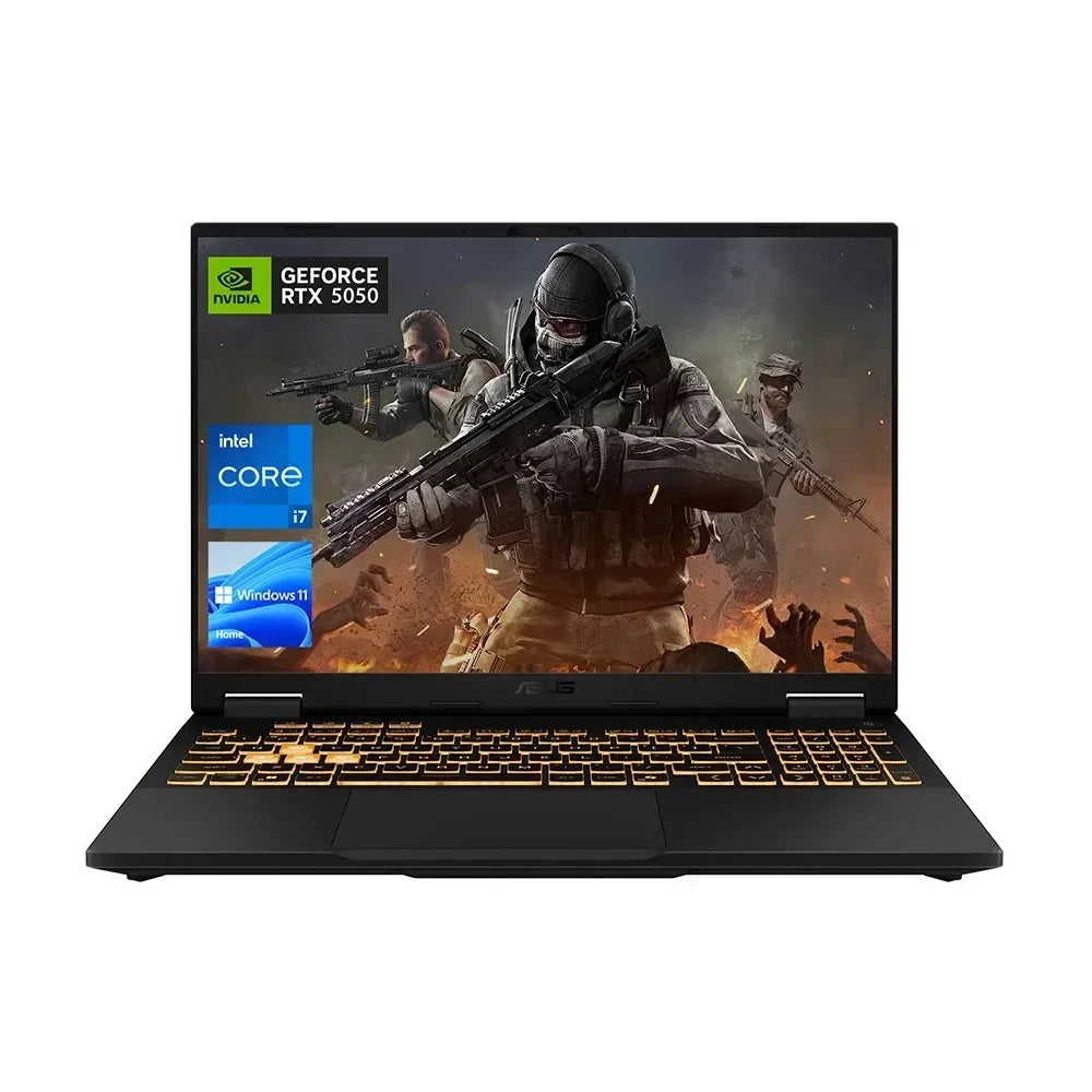 Gaming laptop with backlit keyboard, NVIDIA RTX 5050, Intel Core i7, Windows 11, action game on screen