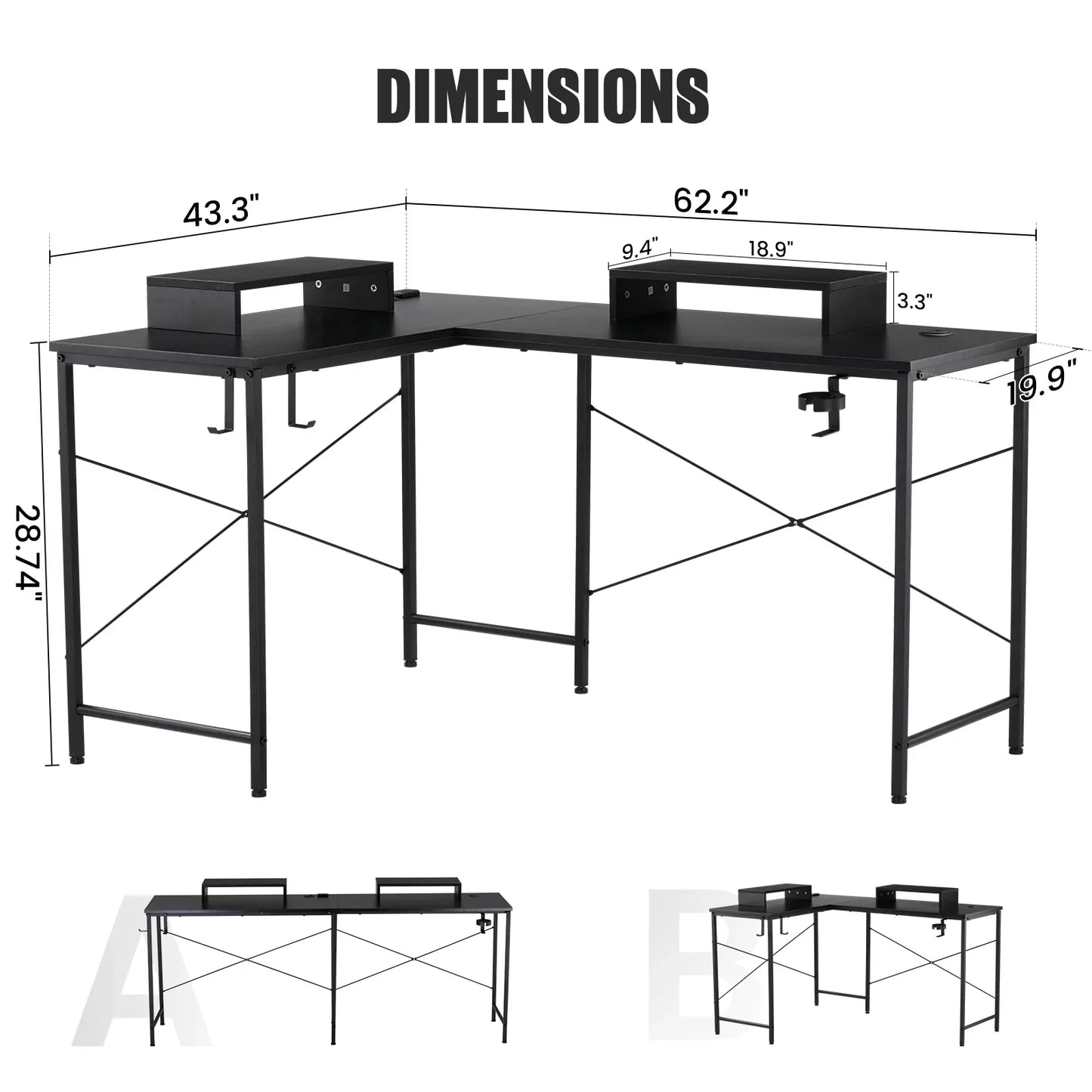 L-Shaped Gaming Desk with RGB Light and Removable Storage Stands, Black