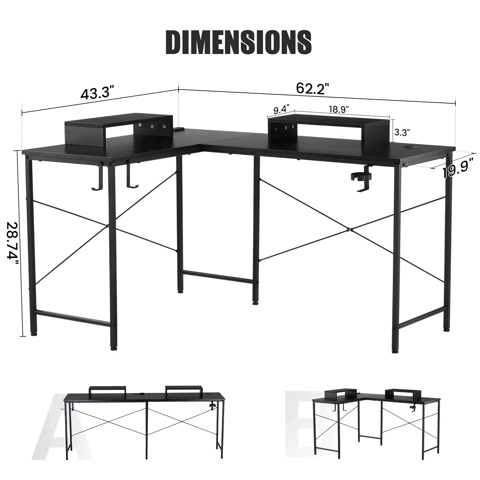 L-Shaped Gaming Desk with RGB Light and Removable Storage Stands, Black