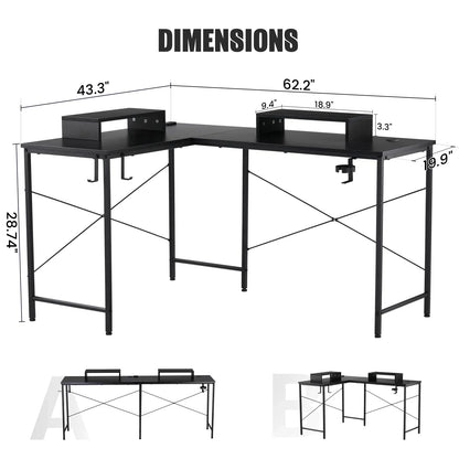 L-Shaped Gaming Desk with RGB Light and Removable Storage Stands, Black