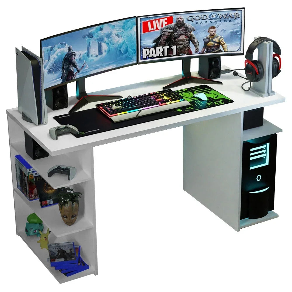 Large Modern Gaming Computer Desk 53 Inch with 5 Shelves Cable Management Student Study Wooden Table Home Office Gamer Desk for Kids and Adults - White