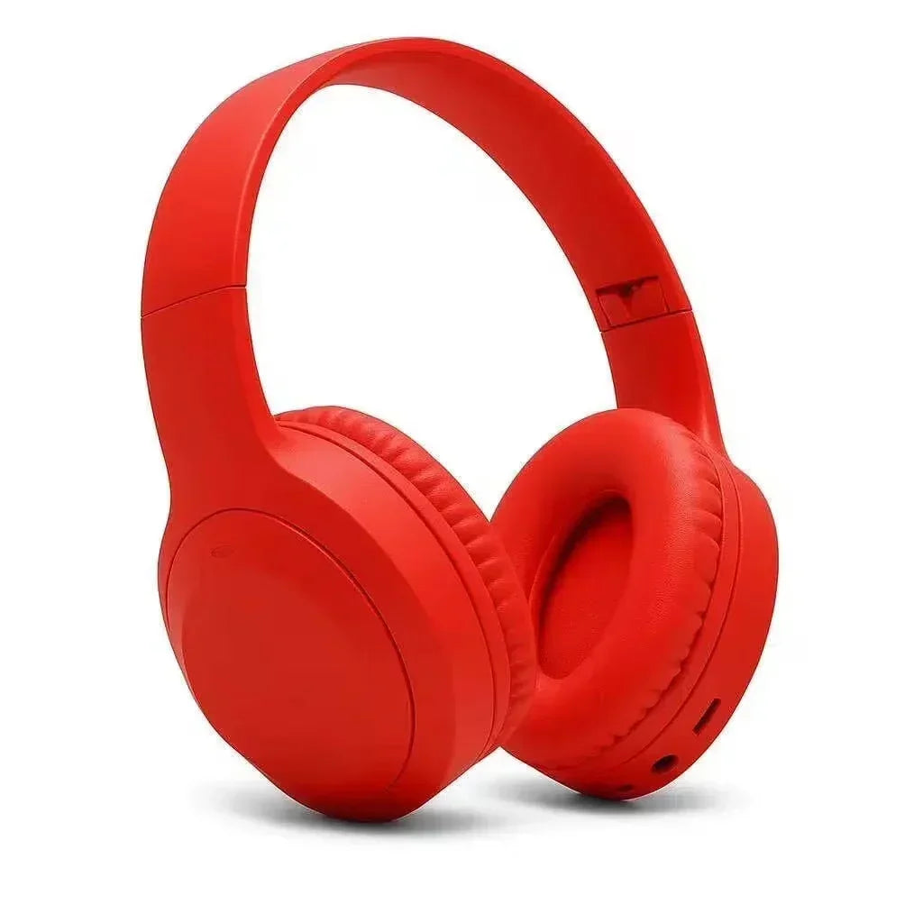 Red wireless over-ear gaming headset with padded ear cups on white background