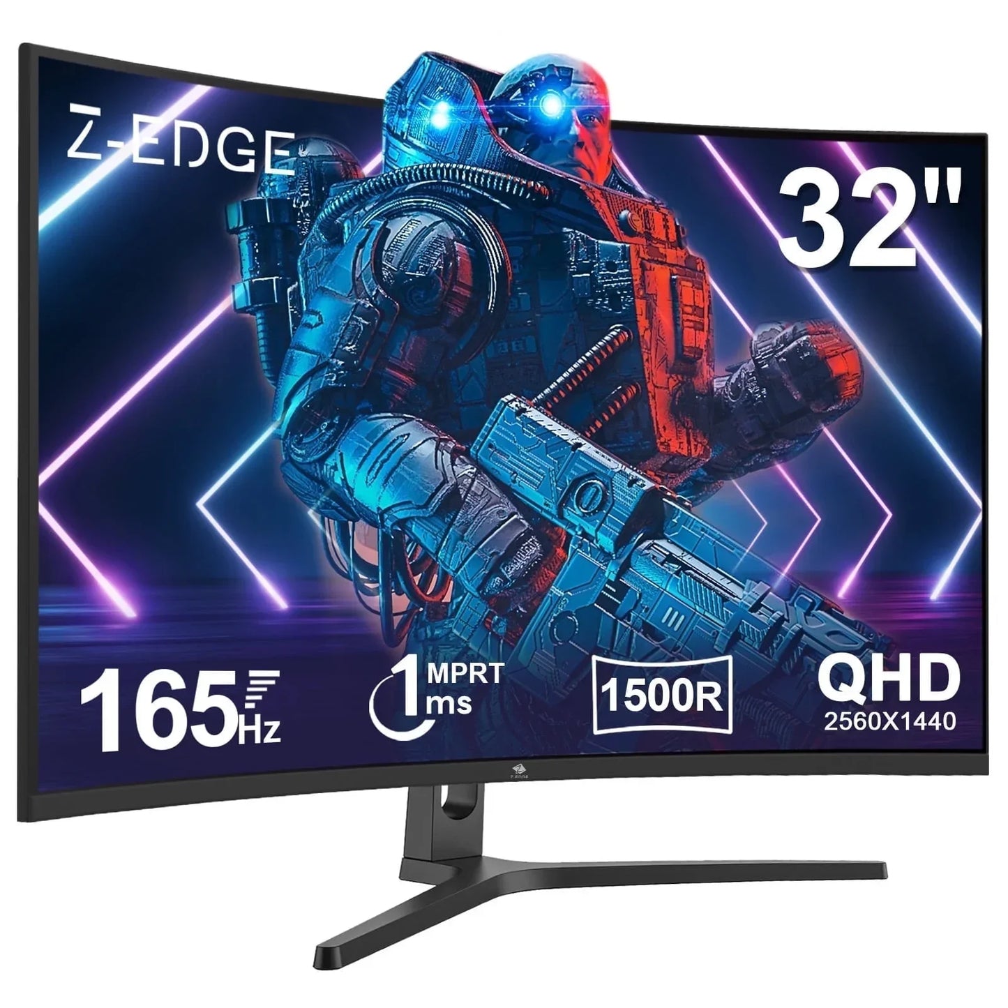 32-inch curved Z-EDGE gaming monitor showing sci-fi robot with 165Hz refresh rate and QHD 2560x1440 resolution