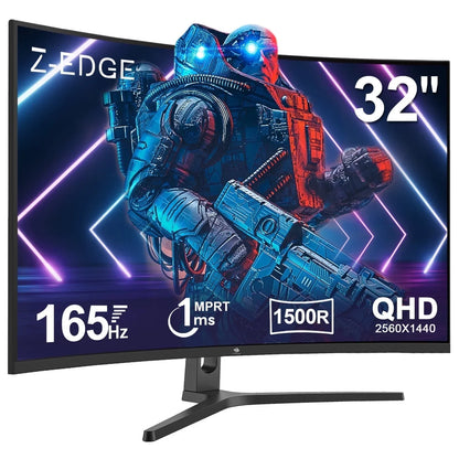 32-inch curved Z-EDGE gaming monitor showing sci-fi robot with 165Hz refresh rate and QHD 2560x1440 resolution