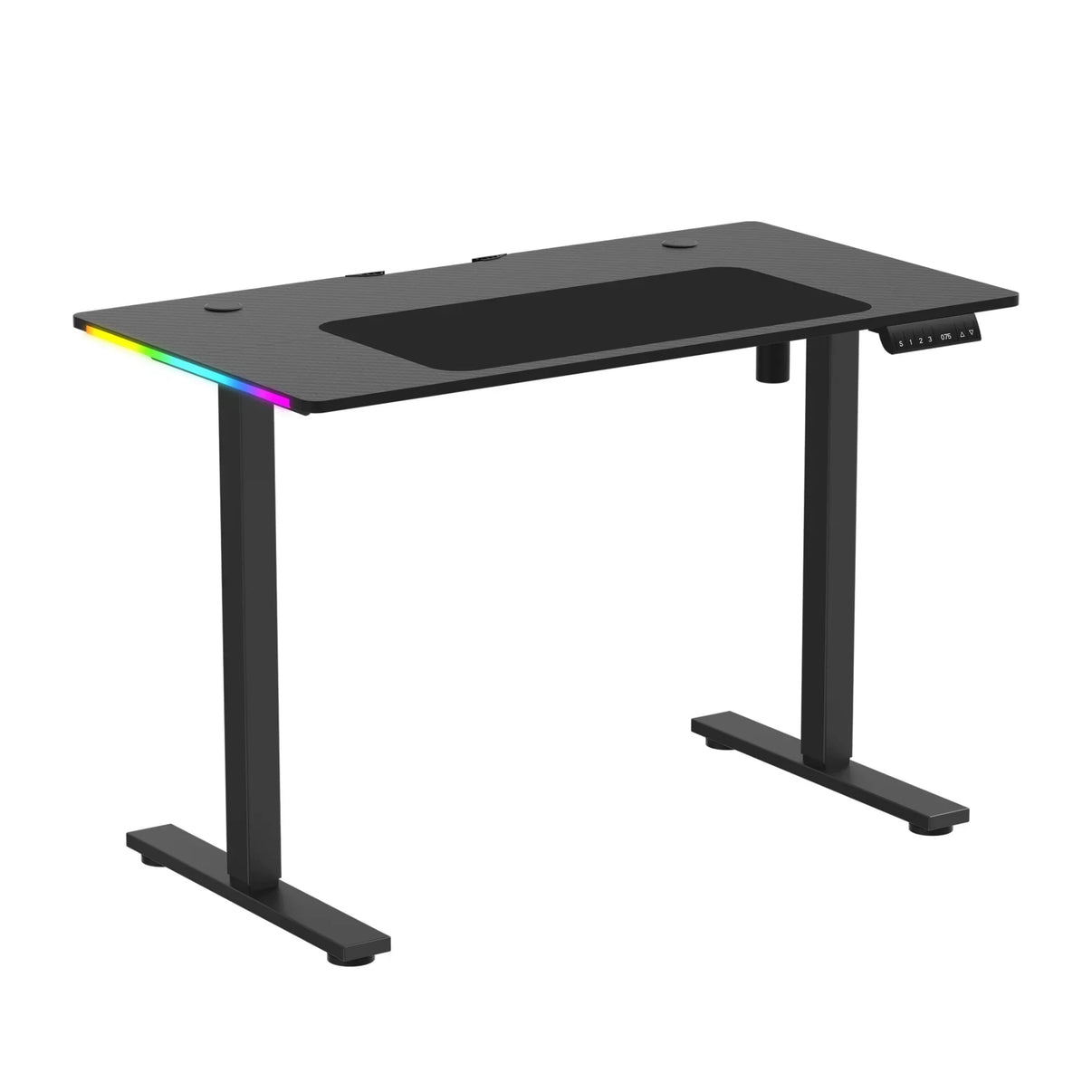 Black adjustable standing desk with RGB LED lighting strip and digital control panel for height settings