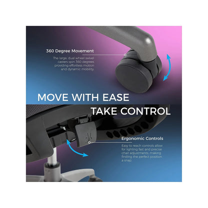Gaming chair with 360-degree swivel casters and ergonomic adjustment controls for easy mobility and comfort.