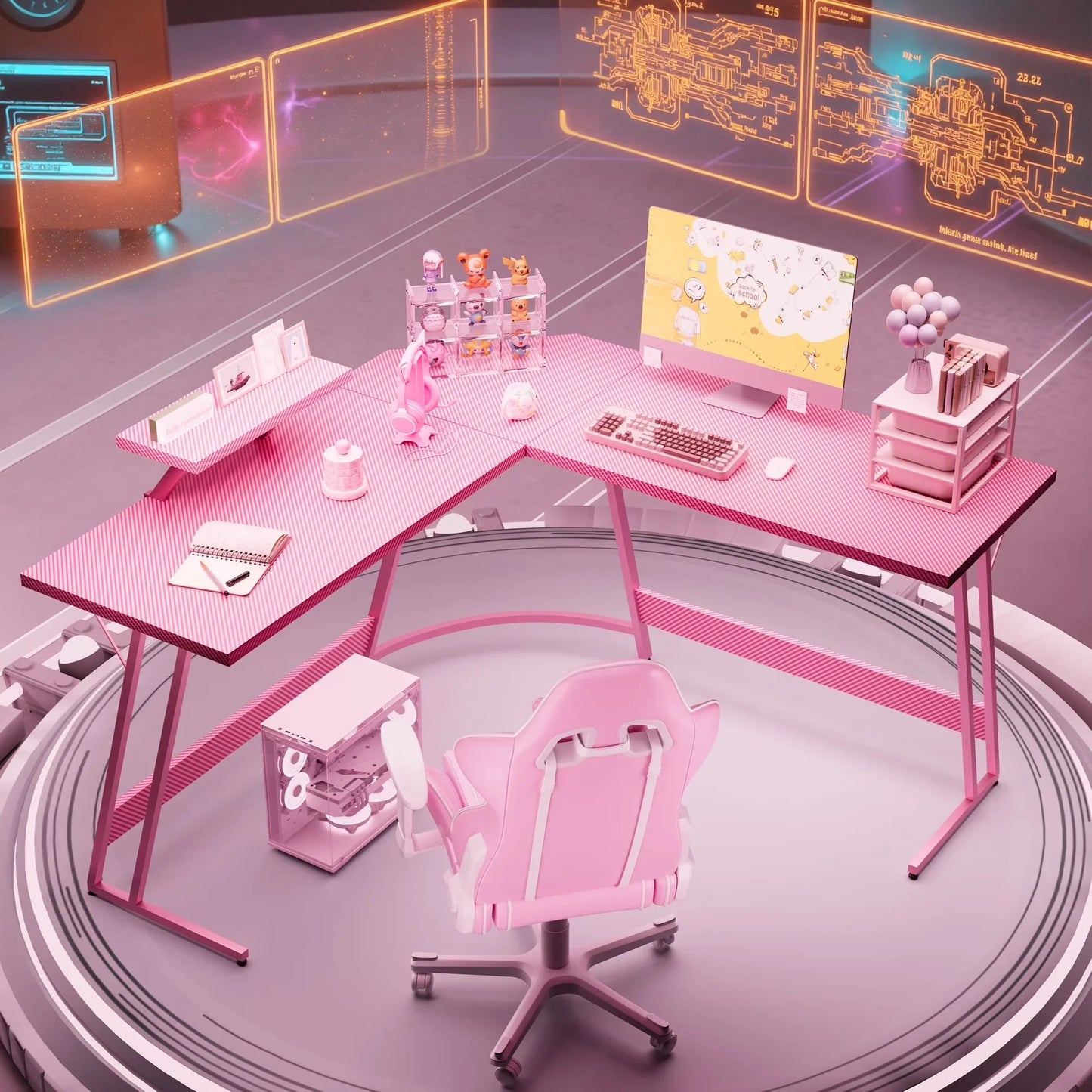 L-Shaped Gaming Desk 51.2 Inches Corner Office Gaming Desk with Removable Monitor Riser, Pink
