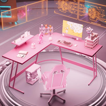 L-Shaped Gaming Desk 51.2 Inches Corner Office Gaming Desk with Removable Monitor Riser, Pink