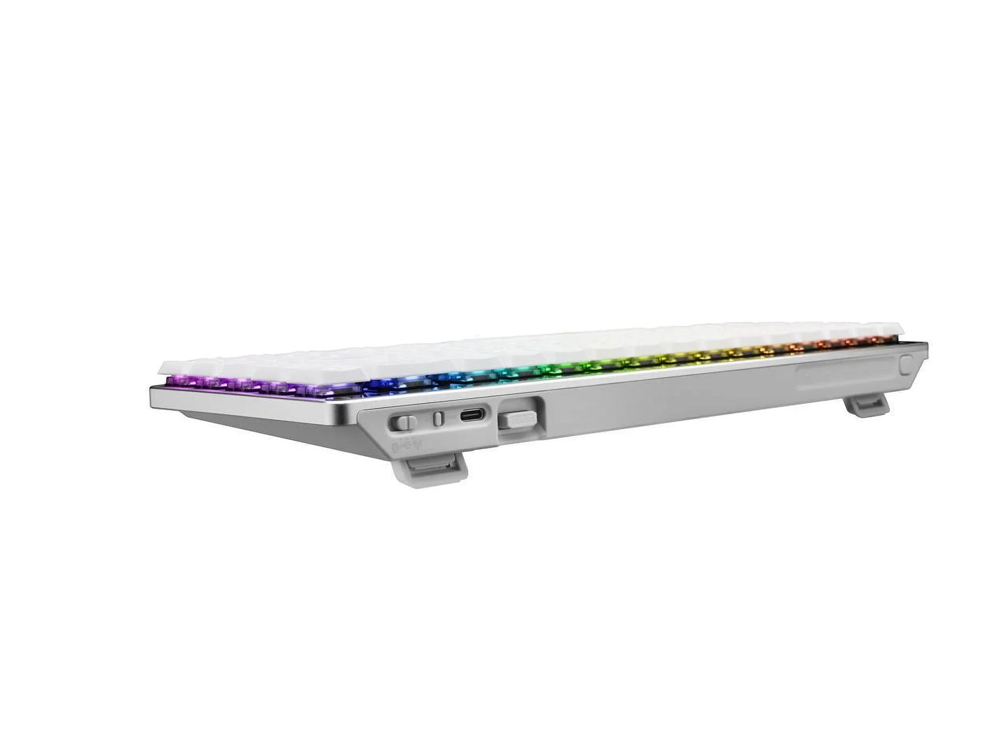 Side view of RGB-backlit mechanical gaming keyboard with white keycaps, modern design