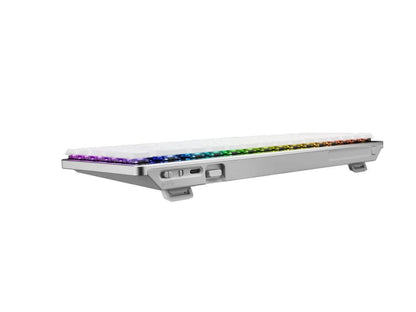 Side view of RGB-backlit mechanical gaming keyboard with white keycaps, modern design