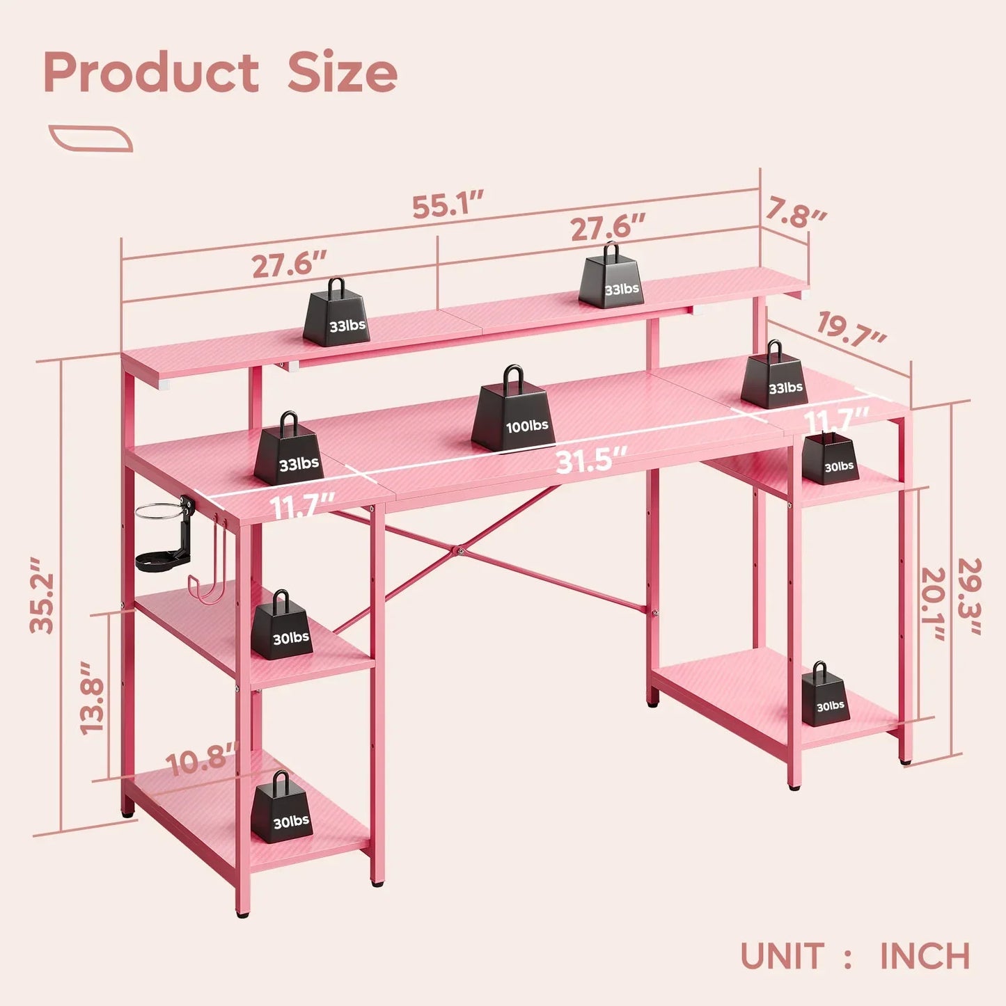 55" Pink Gaming Computer Desk with LED Light & Monitor Stand Corner Desk for Home Office, Pink Carbon Fiber