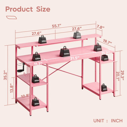 55" Pink Gaming Computer Desk with LED Light & Monitor Stand Corner Desk for Home Office, Pink Carbon Fiber