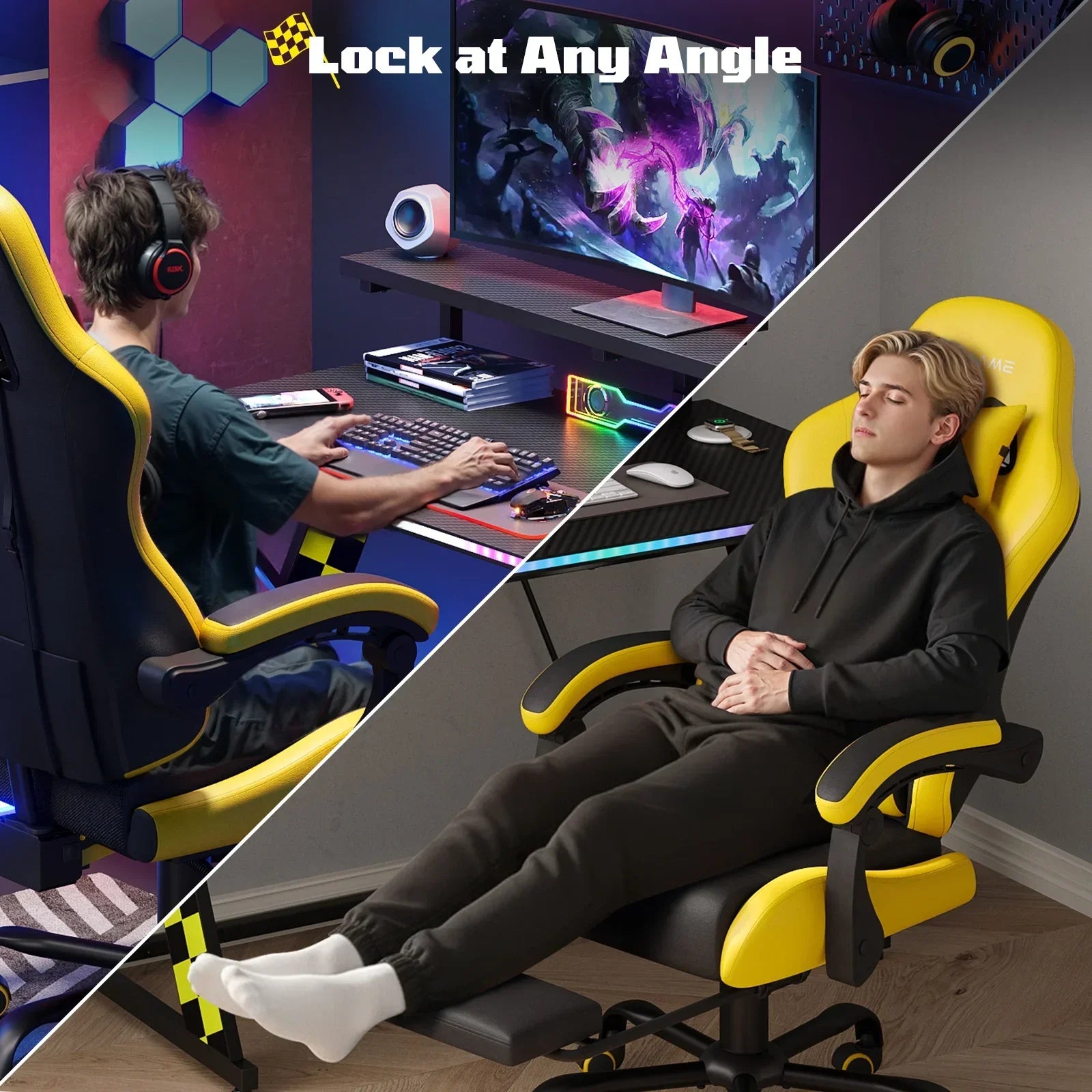 Yellow and black gaming chair with recline feature, perfect for gamers and streamers in any setup