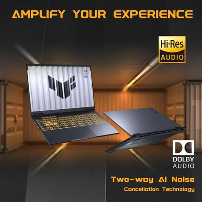 Gaming laptop with yellow backlit keyboard, Hi-Res Audio, Dolby Audio, AI noise cancellation