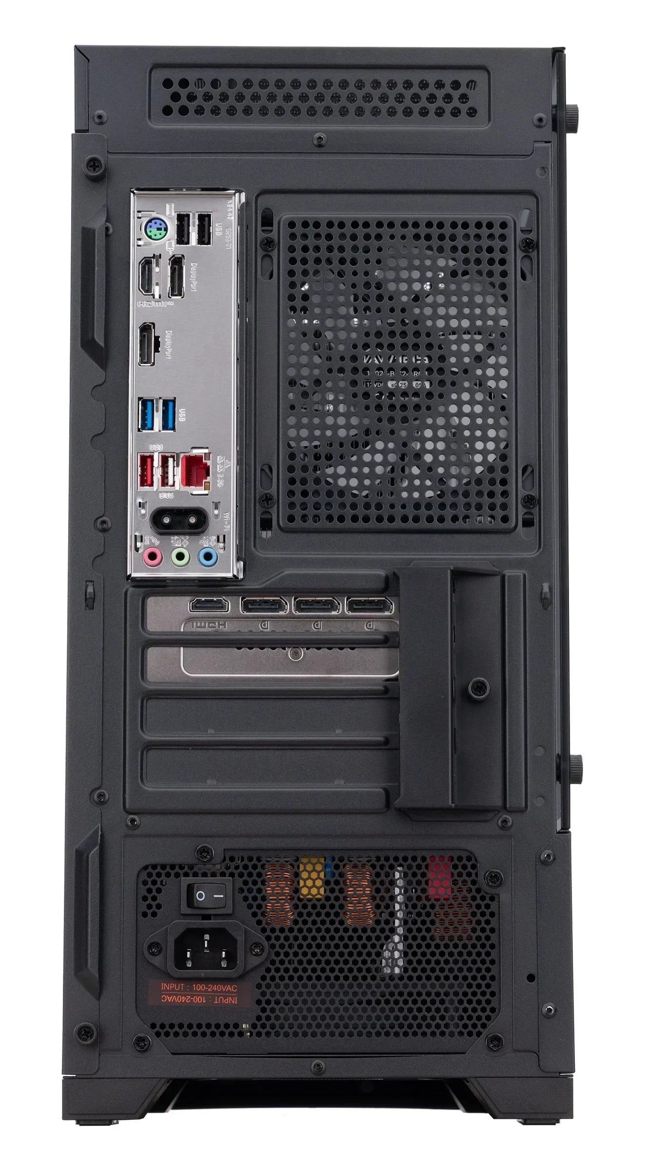Rear view of a gaming PC tower showing ports, expansion slots, cooling fan, and power supply