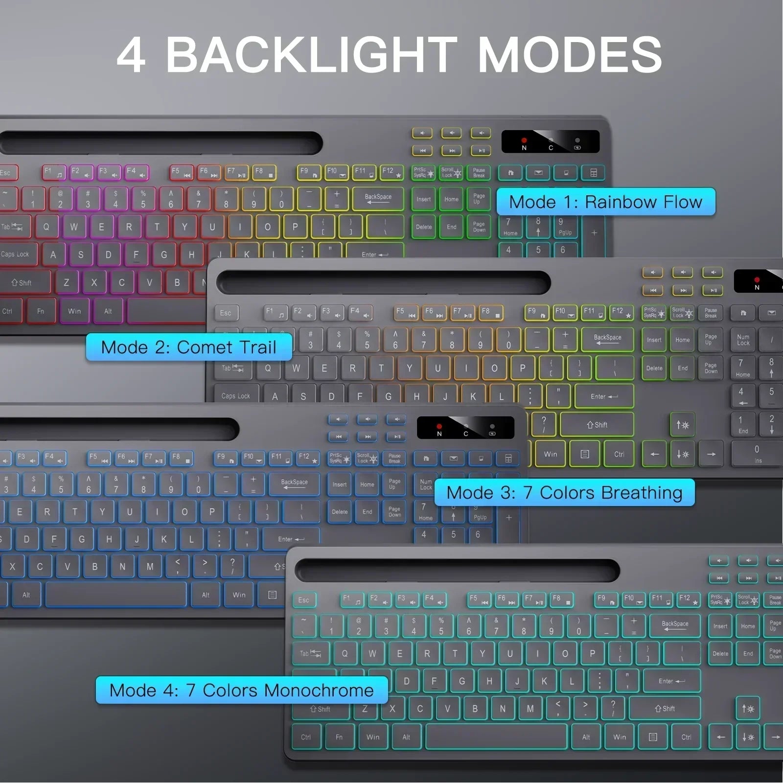 Wireless Keyboard with 7-Color RGB Backlit,  Full-Size Computer Keyboard with Phone Tablet Holder, Rechargeable 2.4G Wireless Gaming Keyboard with Light up Keys, Compatible with Mac,Window,Gray