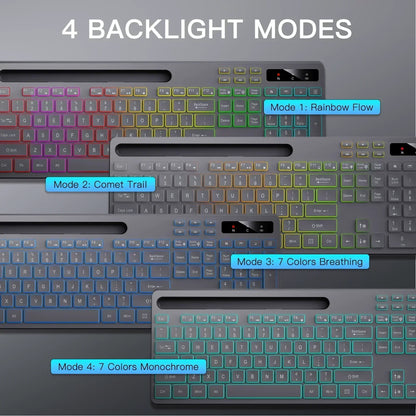Wireless Keyboard with 7-Color RGB Backlit,  Full-Size Computer Keyboard with Phone Tablet Holder, Rechargeable 2.4G Wireless Gaming Keyboard with Light up Keys, Compatible with Mac,Window,Gray