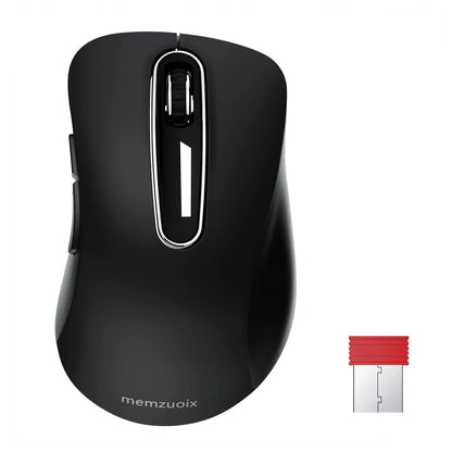 Black wireless gaming mouse with scroll wheel and USB receiver on white background