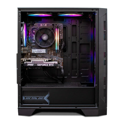 Gaming PC with RGB lighting, AMD processor, MSI GeForce RTX graphics card, and open side panel