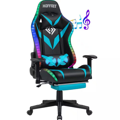 RGB gaming chair with built-in speakers, massage lumbar support, and footrest for PC setup