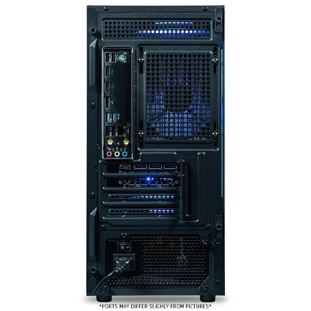 Rear view of a black gaming PC tower with multiple USB, HDMI, audio ports, ventilation, and connected power cable