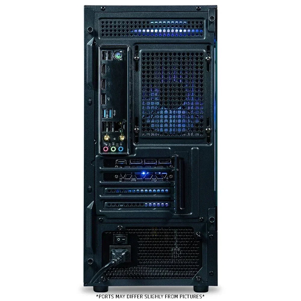 Back panel of a gaming PC showing multiple USB ports, audio jacks, HDMI ports, and cooling fan