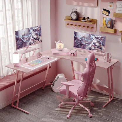L-Shaped Gaming Desk 51.2 Inches Corner Office Gaming Desk with Removable Monitor Riser, Pink