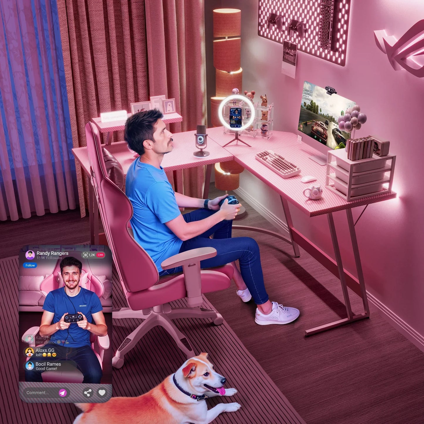 L-Shaped Gaming Desk 51.2 Inches Corner Office Gaming Desk with Removable Monitor Riser, Pink