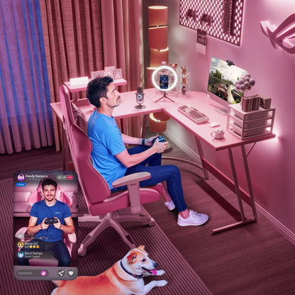 L-Shaped Gaming Desk 51.2 Inches Corner Office Gaming Desk with Removable Monitor Riser, Pink