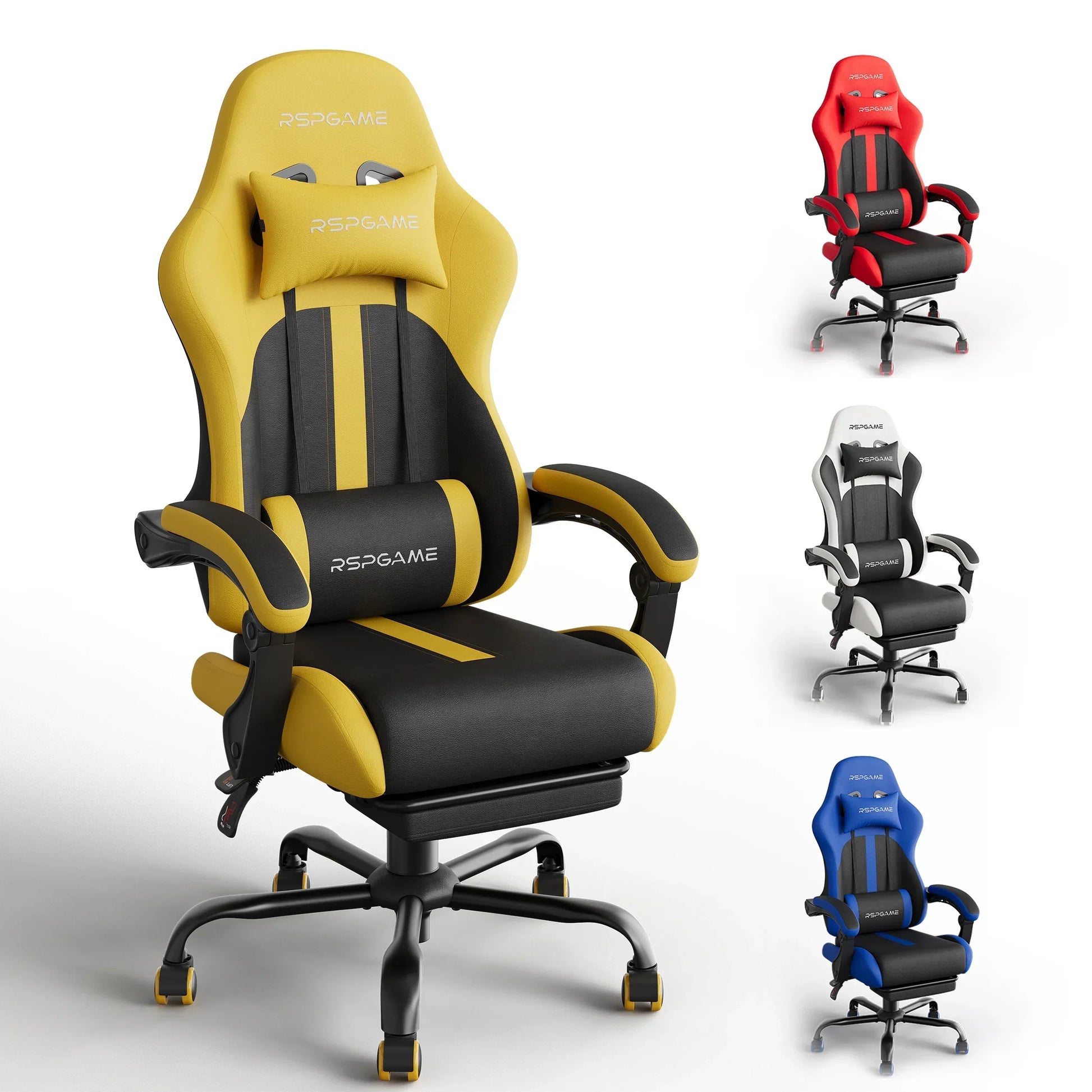 Yellow and black RSPGAME gaming chair with lumbar support, shown with red, white, and blue color options for PC setup
