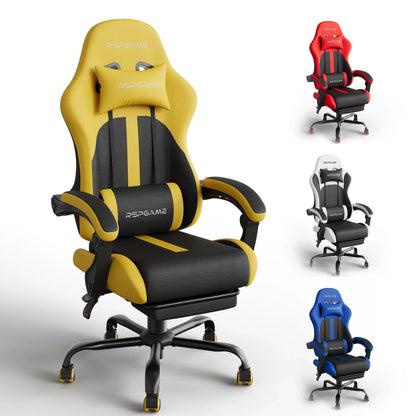 Yellow and black RSPGAME gaming chair with lumbar support, shown with red, white, and blue color options for PC setup