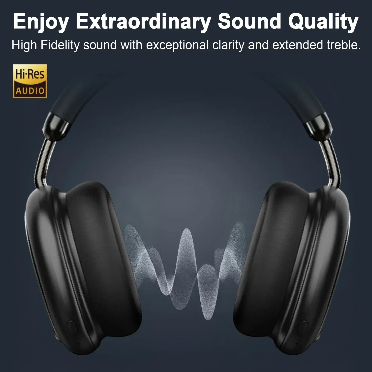 Black over-ear headphones with Hi-Res Audio logo and sound waves, highlighting high fidelity sound