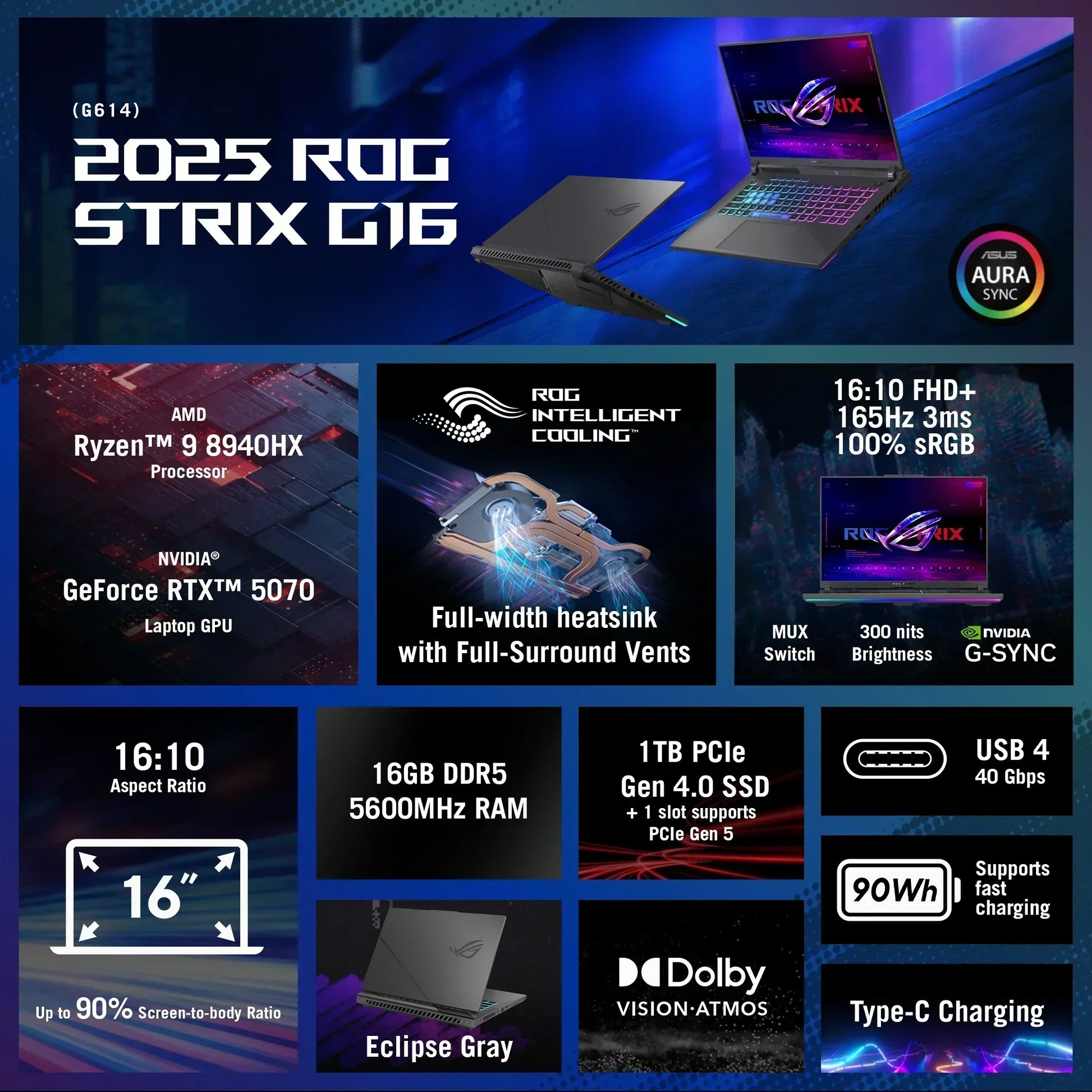 2025 gaming laptop ROG Strix G16 featuring Ryzen 9 CPU, RTX 5070 GPU, 16-inch FHD+ 165Hz display, DDR5 RAM, and advanced cooling.