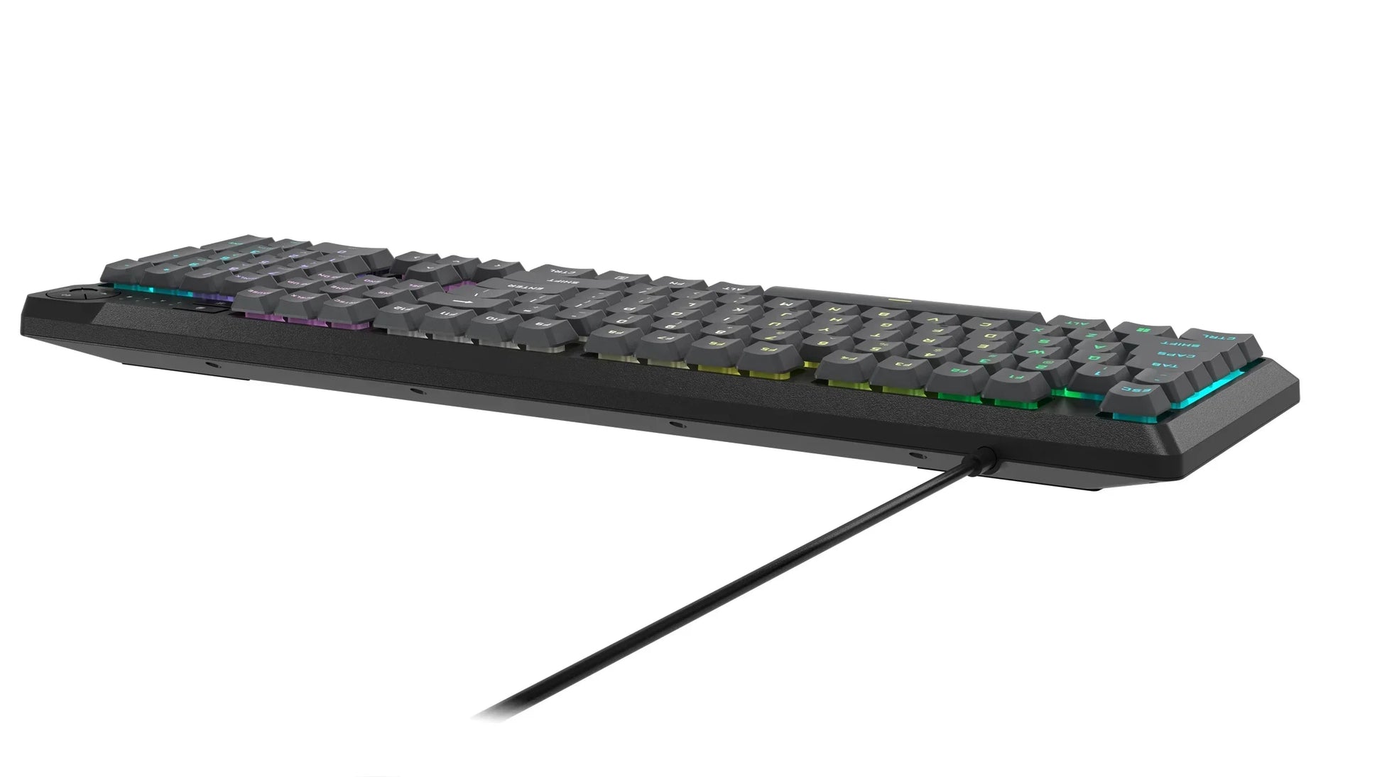 RGB gaming keyboard with retro 8-bit style, black keys, and modern backlit design on white background