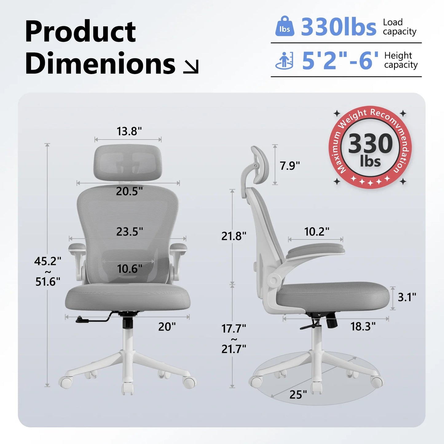 Ergonomic gaming chair dimensions, 330 lbs capacity, adjustable height for 5'2"-6', perfect for gaming setups