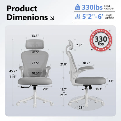 Ergonomic gaming chair dimensions, 330 lbs capacity, adjustable height for 5'2"-6', perfect for gaming setups