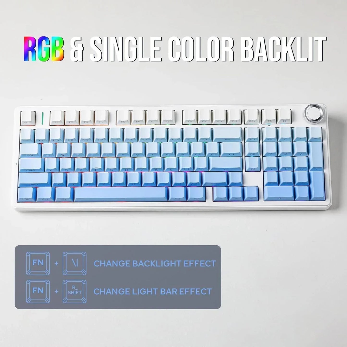 RGB backlit gaming keyboard with blue and white keycaps on a light background