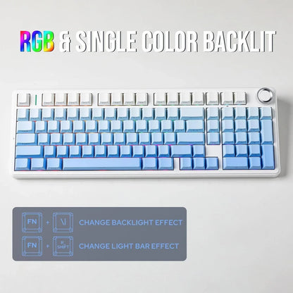 RGB backlit gaming keyboard with blue and white keycaps on a light background