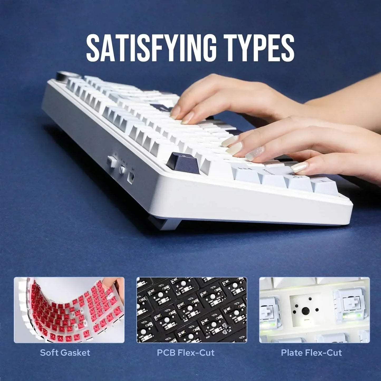 Hands typing on a white mechanical keyboard with soft gasket, PCB flex-cut, and plate flex-cut features