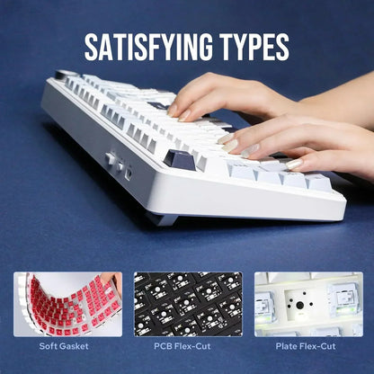 Hands typing on a white mechanical keyboard with soft gasket, PCB flex-cut, and plate flex-cut features