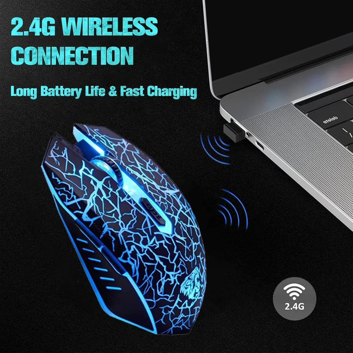 C10 Wireless Gaming Mouse Rechargeable Silent Optical Mice 7 Colors LED Lights, 7 Buttons 2400/1600/800DPI (Black)