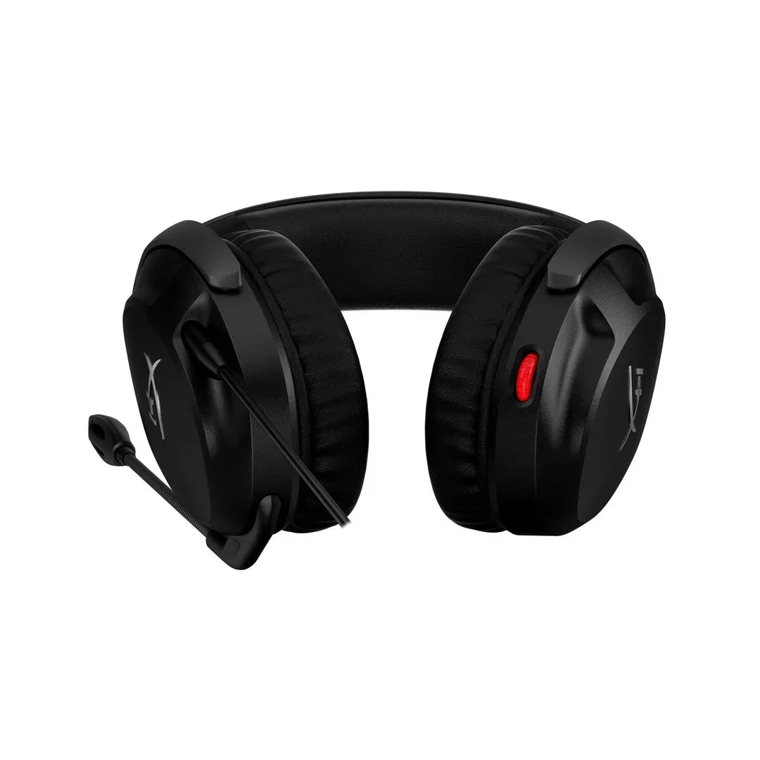 Black gaming headset with cushioned ear cups, adjustable microphone, and red volume control switch