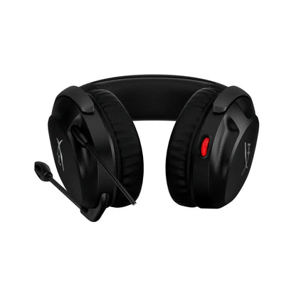 Black gaming headset with cushioned ear cups, adjustable microphone, and red volume control switch