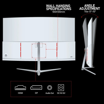 Back view of white curved monitor with wall hanging specs 100x100mm and tilt angle adjustment -5 to -15 degrees