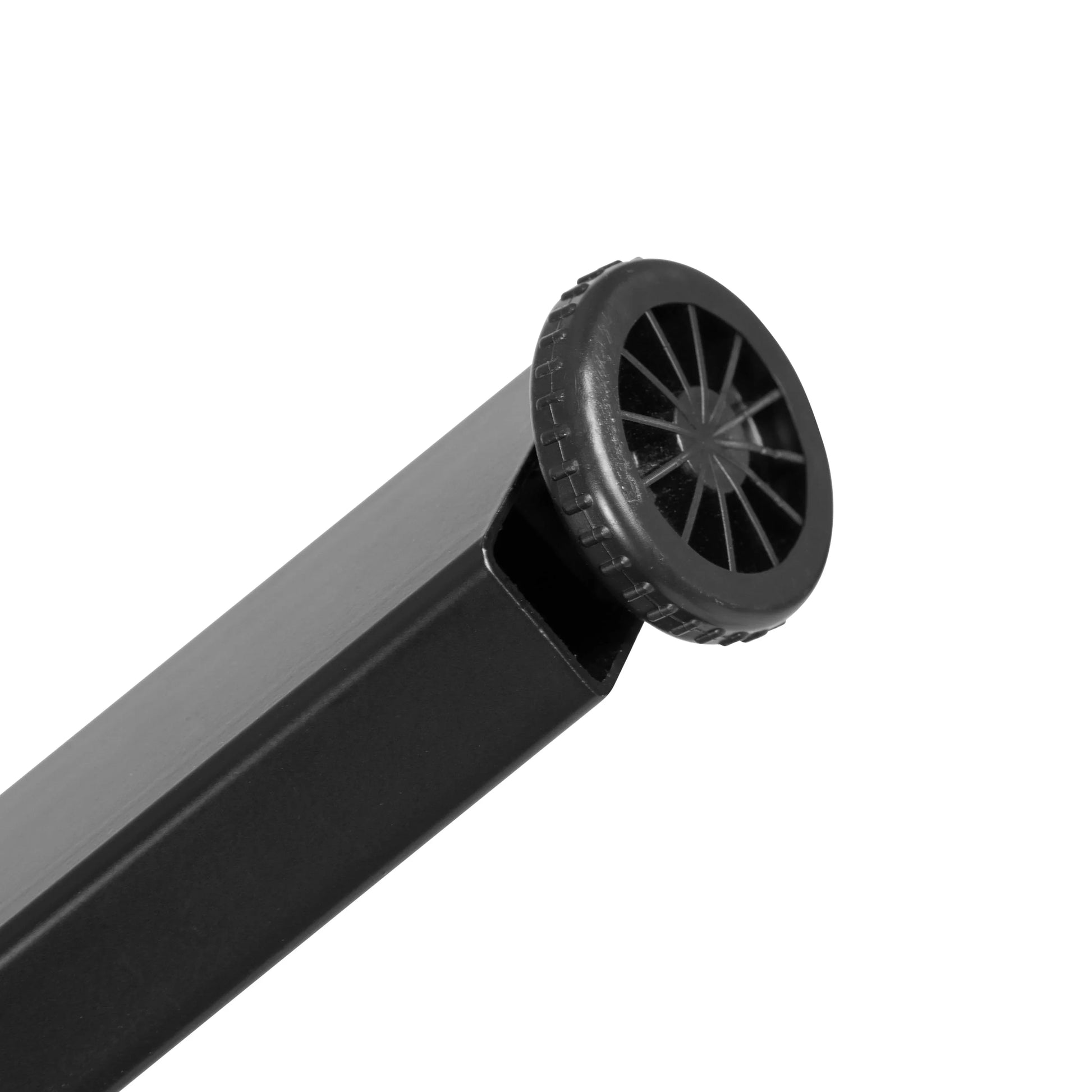 Adjustable black furniture leg with plastic glide base on white background